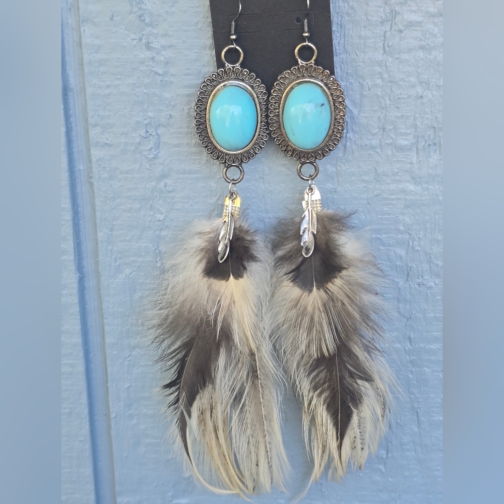 New! Hand Crafted Turquoise Color Blue Feather Dangle Earrings Native Boho - Picture 4 of 6